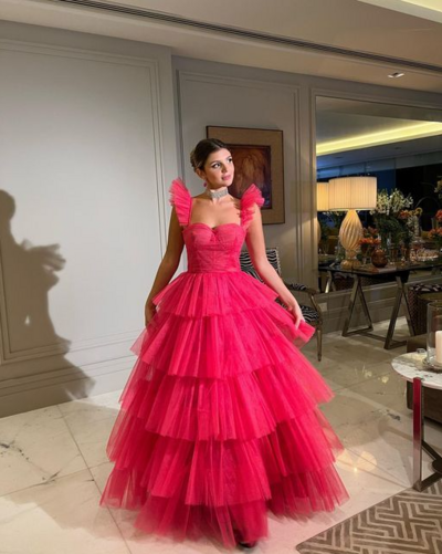 Fashion  Hot Pink A-line Long Prom Dresses