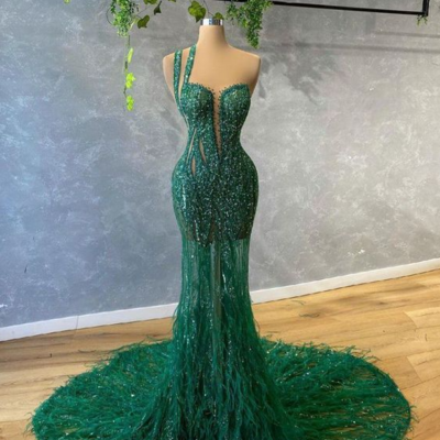 Mermaid green tulle prom dress with beading - Thumbnail 3
