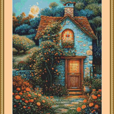 Blue cottage cross stitch pattern