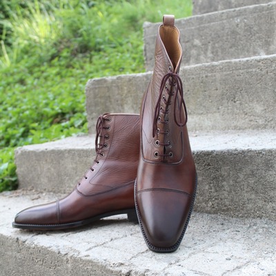 Crafted leather handmade brown ankle high dress lace up boot - Thumbnail 3