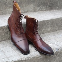 Crafted Leather Handmade Brown Ankle High Dress Lace up Boot - Thumbnail 5