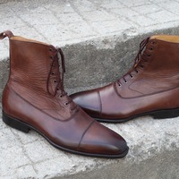 Crafted Leather Handmade Brown Ankle High Dress Lace up Boot - Thumbnail 6