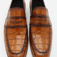 Crafted Leather Brown Crocodile Texture Leather Alligator Loafers Dress Shoes - Thumbnail 1