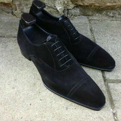 New pure handmade black suede leather lace up dress shoes for men's - Thumbnail 1