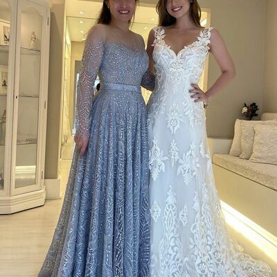 Blue lace appliques mother of the bride/groom dresses formal gown