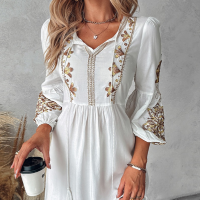 Solid Color Women'S Embroidered Casual Long Sleeved Dress