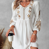 Solid Color Women'S Embroidered Casual Long Sleeved Dress - Thumbnail 3