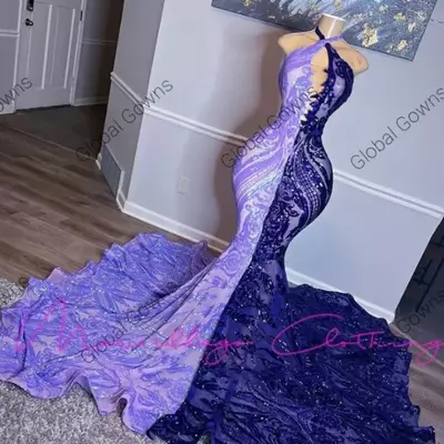 Sparkly sequined mermaid long prom dresses black girls halter sleeveless evening dress party gowns robes vestidos noche