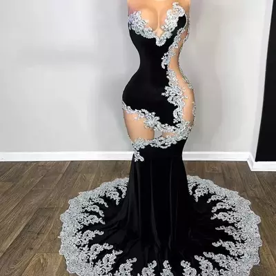 Silver lace appliques black velvet mermaid prom dresses luxury sexy sheer o neck formal gown party evening birthday dress black girl vestidos