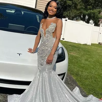African girls silver grey mermaid prom dresses sexy sheer jewel neck appliques beads long evening party gowns black girls vestidos de bal 