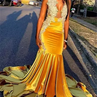 Yellow gold mermaid prom dresses new appliques sleeveless sheer v neck black girls graduation party evening gowns 