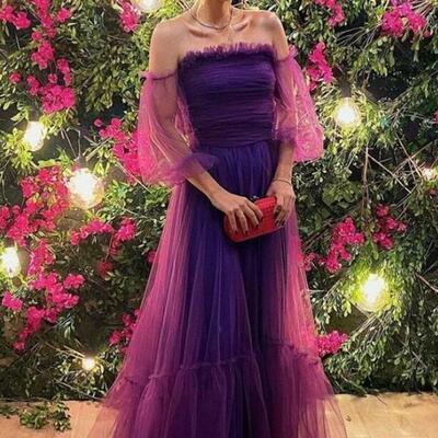 A line off shoulder purple long prom dresses party gowns for women - Thumbnail 3