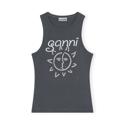 GANNI SUN Printed Ribbed Jersey Tank Top in Grey