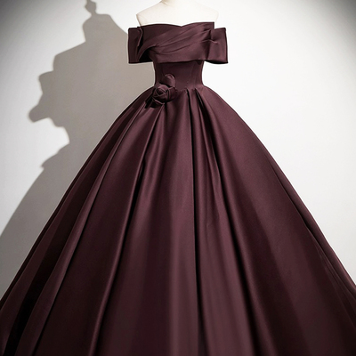 Dark burgundy satin long prom dress - Thumbnail 2