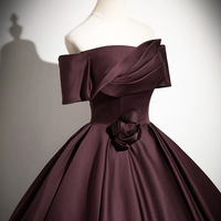 Dark Burgundy Satin Long Prom Dress - Thumbnail 2