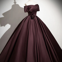 Dark Burgundy Satin Long Prom Dress - Thumbnail 3
