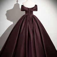 Dark Burgundy Satin Long Prom Dress - Thumbnail 4