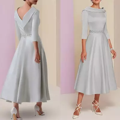 A-line mother of the bride dress vintage plus size bridal party gown elegant bateau neck tea length satin 3/4 sleeve champagne silver 