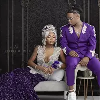 Black Girls Purple Prom Dress Rhinestone Crsytal Mermaid Evening Gowns Luxury Beaded Birthday Occasion Party Gowns - Thumbnail 1