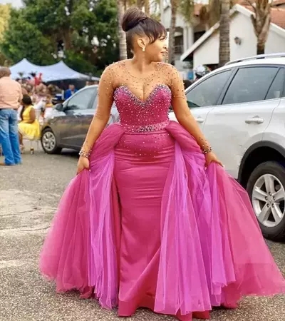 Hot Pink Plus Size Prom Dresses For Black Girls 2022 Long Sleeve Beaded Pearls Mermaid Evening Gowns With Overskirt Formal Wear