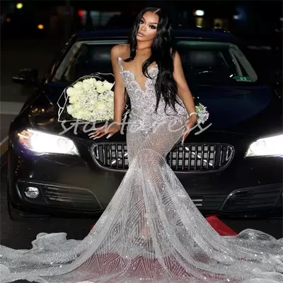 Sparkly silver sequin prom dress see through plus size diamond crystal evening gowns black women formal birthday promdress 