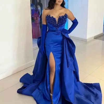 Royal blue mermaid prom dresses long for women sweetheart backless beads evening pageant birthday party gowns no gloves
