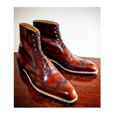 Handmade men ankle high budapest gold museum lace up wingtip boots - Thumbnail 1
