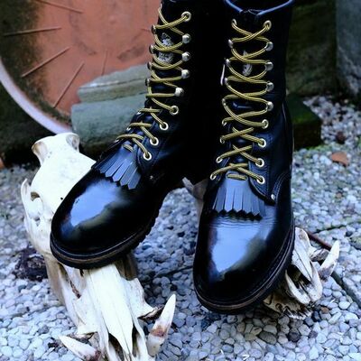 Handmade men's black fringes ankle high long boots, men designer lace up retro armymilitary boots - Thumbnail 1