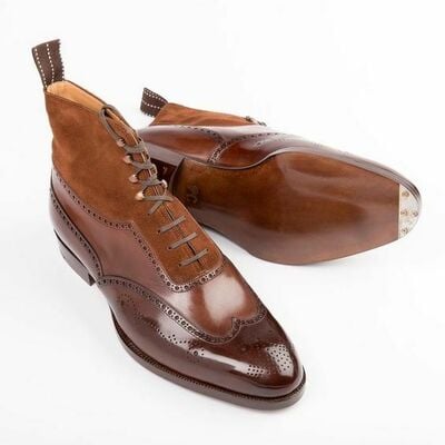 Handmade brown leather and suede ankle high men wingtip dress boot