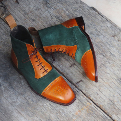 Tan green color genuine leather cap toe high ankle party wear men lace up boots