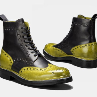 Wing tip high ankle yellow black genuine leather lace up stylish men dress boots