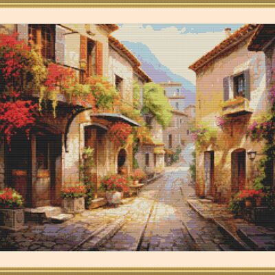 Quaint village street cross stitch pattern