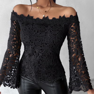 Solid color women's high waisted long sleeve lace top - Thumbnail 1