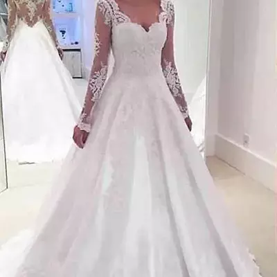 Satin a-line wedding dresses appliqued lace with long sleeves illusion back bridal gowns modest vestido de novia