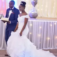 Mermaid Plus Size Wedding Dresses Off Shoulder Short Sleeves Beaded Lace Ruffles Organza Bridal Gowns Vestido de Noiva - Thumbnail 1