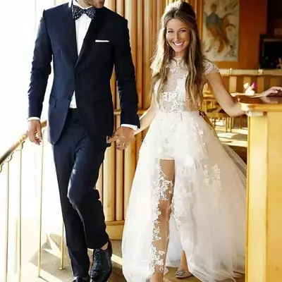 Long dress beach wedding dresses bridal gowns illusion jumpsuits with detachable train lace appliques cap sleeves tulle overskirt pocket gown