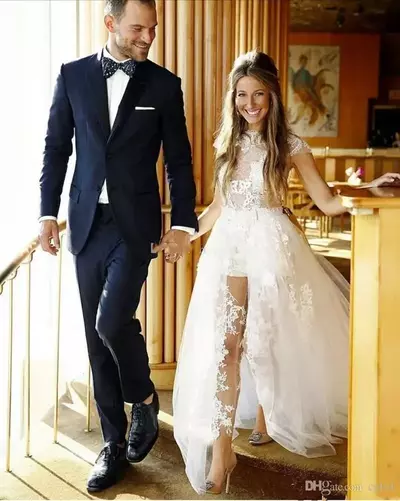 Long Dress Beach Wedding Dresses Bridal Gowns Illusion Jumpsuits With Detachable Train Lace Appliques Cap Sleeves Tulle Overskirt Pocket Gown