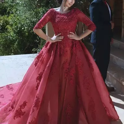 A line burgundy bridal gowns lace gothic muslim wedding dresses short sleeves with wrap tiered skirts