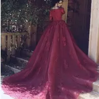A Line Burgundy Bridal Gowns Lace Gothic Muslim Wedding Dresses Short Sleeves With Wrap Tiered Skirts - Thumbnail 3