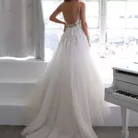 Modest White Wedding Dresses For Woman A Line Beach Tulle Applique Lace Court Train V Neck Sexy Plus Size Bridal Gowns - Thumbnail 1