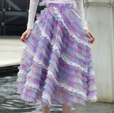 Women Purple Layered Tulle Skirt Rainbow Tutu Tulle Maxi Skirt Custom Plus Size Holiday Outfit