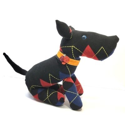 Sock dog - black w/ red and blue argyle