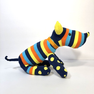 Sock dog - blue stripes and polka dots 