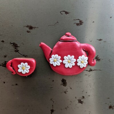 Teapot and teacup magnets polymer clay sculpture 