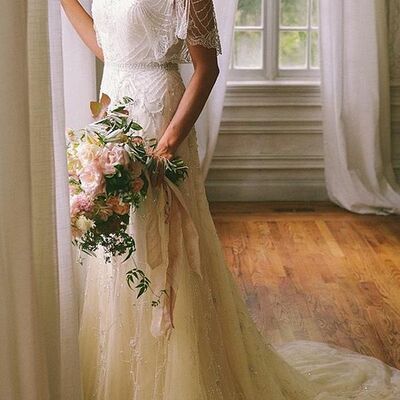 Simple champagne beading crystals tulle wedding dress bridal gown