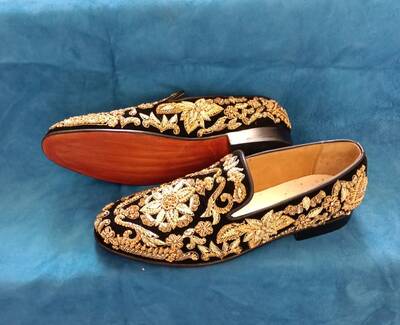 Handmade Black Velvet With Golden Embroidered & Golden Pearl Stones Slip on Adorable Wedding Dress Shoes
