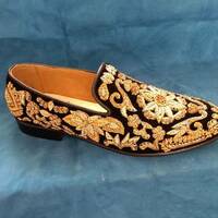 Handmade Black Velvet With Golden Embroidered & Golden Pearl Stones Slip on Adorable Wedding Dress Shoes - Thumbnail 1