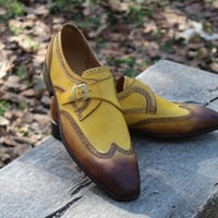 Crafted Leather Tan Brown Single Monk Strap Wingtip Dress Shoes - Thumbnail 1