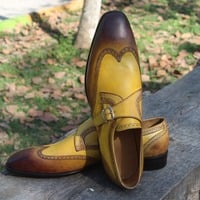 Crafted Leather Tan Brown Single Monk Strap Wingtip Dress Shoes - Thumbnail 2