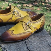 Crafted Leather Tan Brown Single Monk Strap Wingtip Dress Shoes - Thumbnail 3